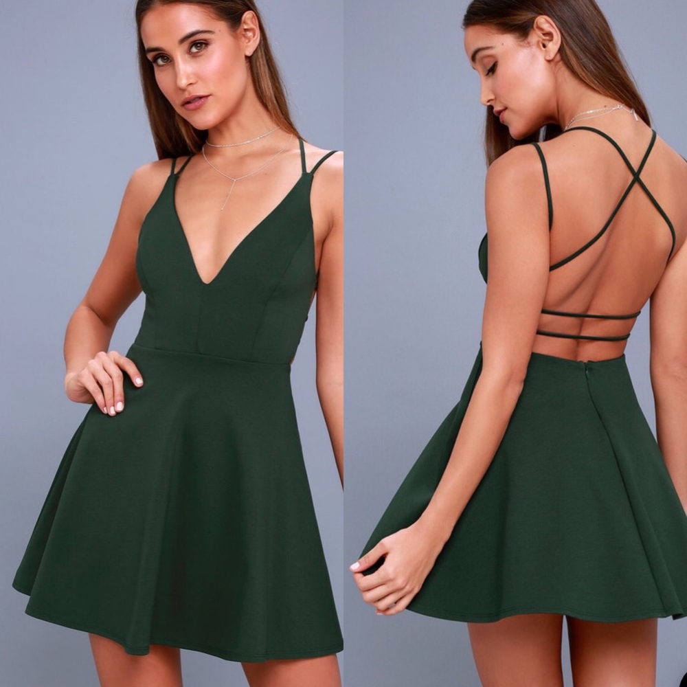 Lulus Forest Green Backless Skater Dress
